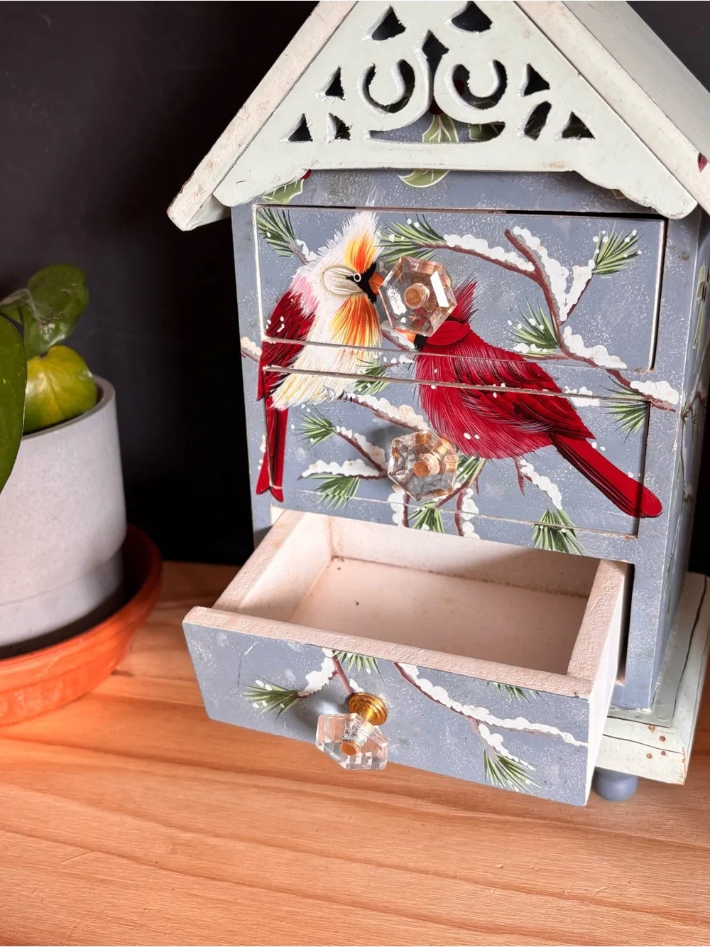 Hand-Painted Wooden Jewelry Box with Red Cardinals- 3 Drawers